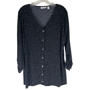 Susan Graver Liquid Knit Button Front Shirt Women's Black White Polka Dot 1X Top